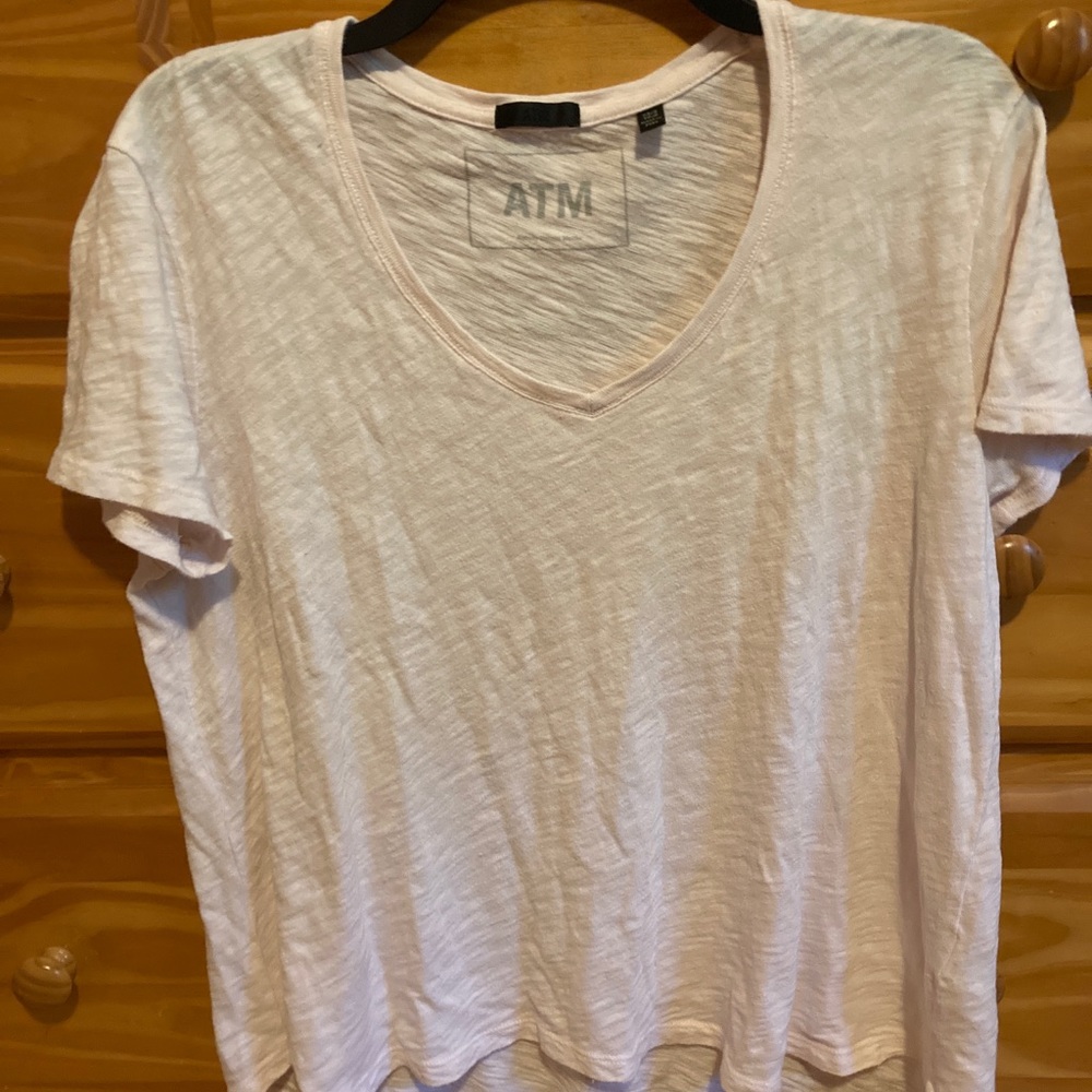 Atm light pink 100% cotton t-shirt v neck scoop slub tee marked xs/s runs large.